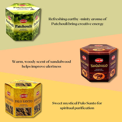 Hem Backflow Incense Cones Variety - Large Pack 240 Cones + 6 Type| Palo Santo, Lavender, Sandalwood, White sage, Patchouli & Dragons Blood