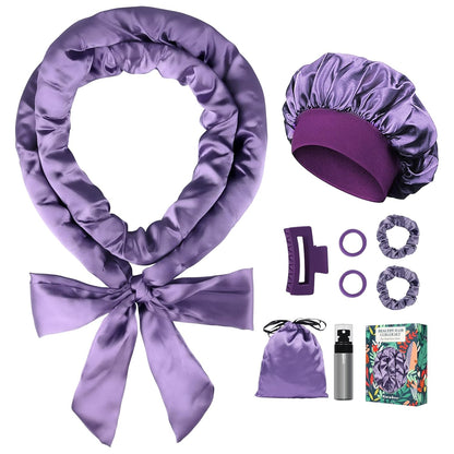 Satin Heatless Curls Overnight Hair Curlers to Sleep In Hair Curler Rollers No Heat Hair Wrap for Curls Headband, 70" Satin Heatless Curling Rod Set for Women Long Waves Hair Volume-Purple 9PCS