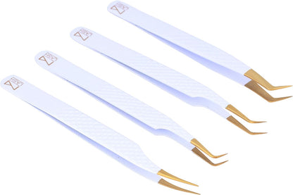 M LASH Eyelash Extension Tweezers (Set of 4) - Professional & Precision Lash Tweezers for Eyelash Extensions - Japanese Steel, Diamond Grip, Fiber Tip V3 (White)
