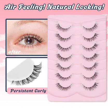 Cat Eyelashes Wispy False Eyelashes Natural 12mm Short Lashes with Thin Band Fake Eyelash 3D Volume Strip Lashes Siligli Eyelash Pack 7 Pair