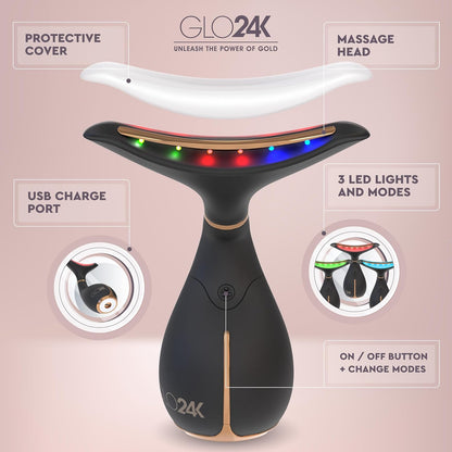 GLO24K Red Light for Face & Neck Beauty Device - 3 in 1 Facial Massager Tool and Neck Care Device for Turkey Neck, Anti Wrinkle, Face and Neck Massager for Women