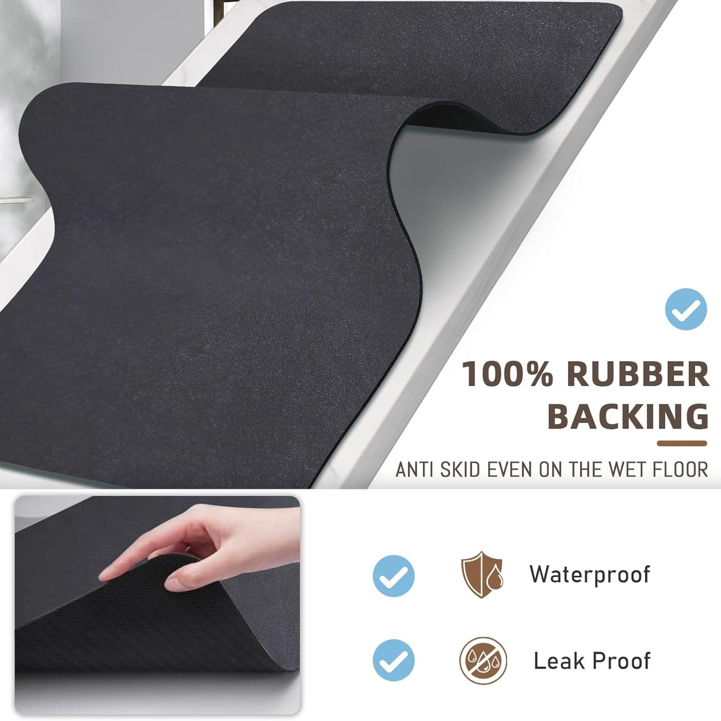 Diatomaceous earth bath mat Bathroom Rugs Sets 3 Piece Super Absorbent Quick Dry Bath Mats, Rubber Non Slip Shower Mat and Toilet Mat U Shape, Shower Rug for in Front of Bathtub Shower, Dark Grey