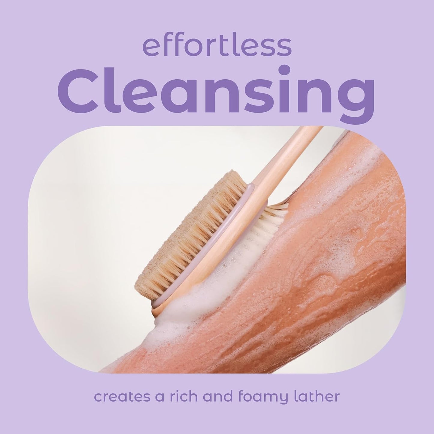 MainBasics Back Scrubber for Shower – Long Handle Dual-Sided Brush for Body Wash & Scrubbing with Exfoliating & Soft Bristles (Lavender, Wood)