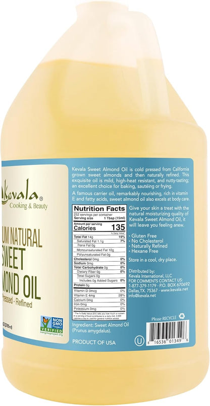 Kevala - Sweet Almond Oil Natural - Almond Oil for Skin and Cooking - Cold Pressed Oil - Premium Natural Oil - 1 Gal - 128 fl oz