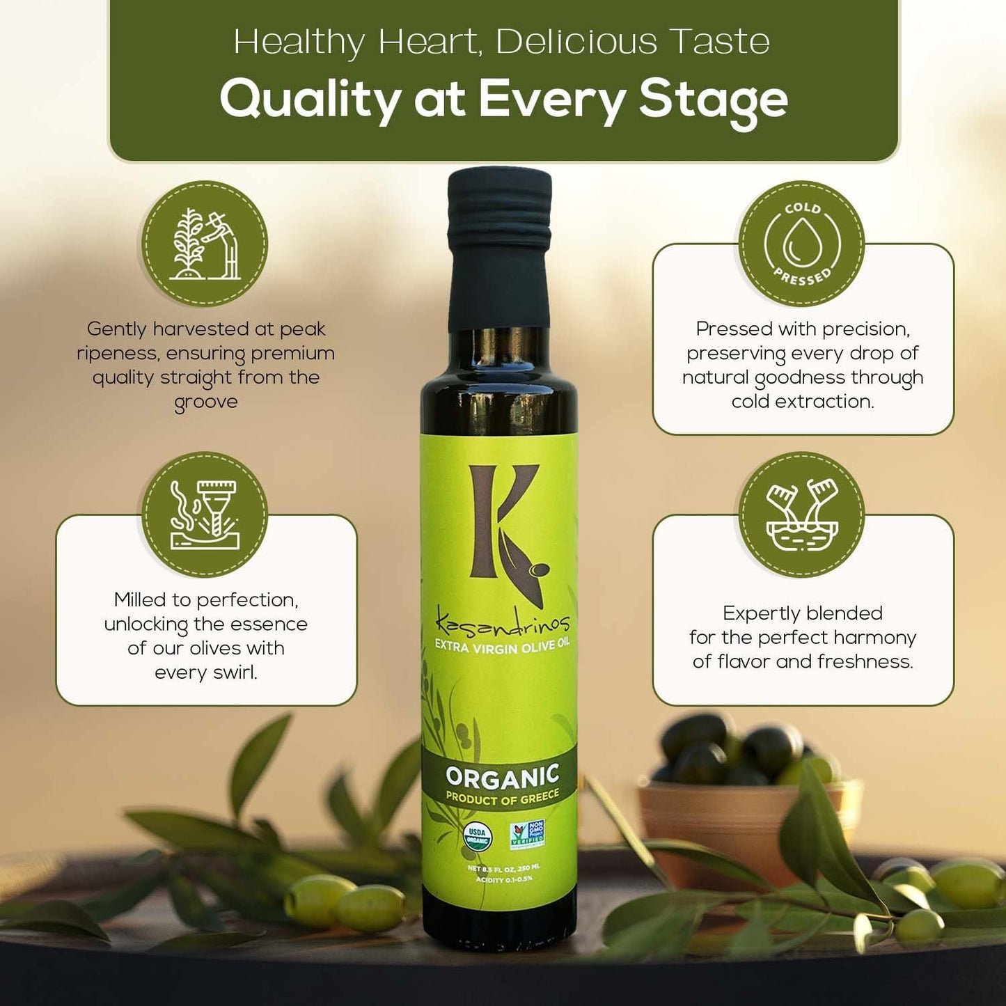 Kasandrinos Organic Olive Oil Extra Virgin, Polyphenol Rich Greek Olive Oil, 100% Organic First Cold Pressed, Mild + Delicate Flavor, Verified by Non GMO, 250/8.5 oz (Pack of 4)