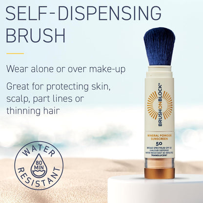 Brush On Block SPF 50 Mineral Powder Sunscreen, Translucent, Broad Spectrum, Water Resistant Face Protection, For All Skin Tones & Types, Reef Friendly, Mfg in USA