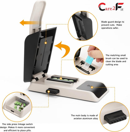 Auto Centering Pill Cutter Device, Pill Splitter Made of Aviation Aluminum Alloy with 402 Stainless Blade, Anti Cut Design,Ergonomic Operation Control,Designed in The USA (White)