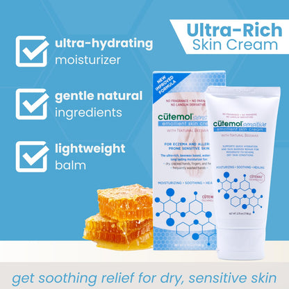 Cutemol Emollient Moisturizer for Sensitive Skin - Serious Moisturizing Cream for Damaged Skin Recovery - Fragrance Free Hydration for Cracked Hands & Feet, Eczema, Psoriasis & Dry Skin (2.75 oz)