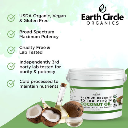 Earth Circle Organics Premium Ultra-Pure Unrefined Cold Pressed Extra Virgin Coconut Oil - Gluten-Free, Keto & Paleo Friendly - Raw Coconut Oil for Skin & Hair Care, Cooking, Baking & More - 1 Gallon