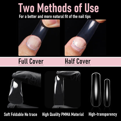 Curved Square Nail Tips Full Cover Nails XXL Clear Press on Extra Curve Long Acrylic False Nails for Nail Extension 240Pcs 12 Sizes Q53
