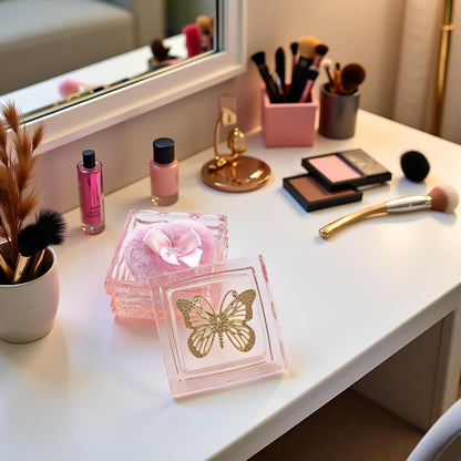 Body Powder Puff and Container - Glass Dusting Powder Container with Soft Puffs Vintage Powder Puff Case for Women & Girls (3.23x3.23x2.95 H IN) - GRB016-Pink