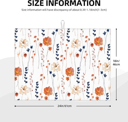 Orange Flower Decorative Dish Drying Mat for Kitchen Counter Watercolor Orange Floral Drying Pad 18x24 Inch Modern Absorbent Reversible Dish Drainer Rack Mats