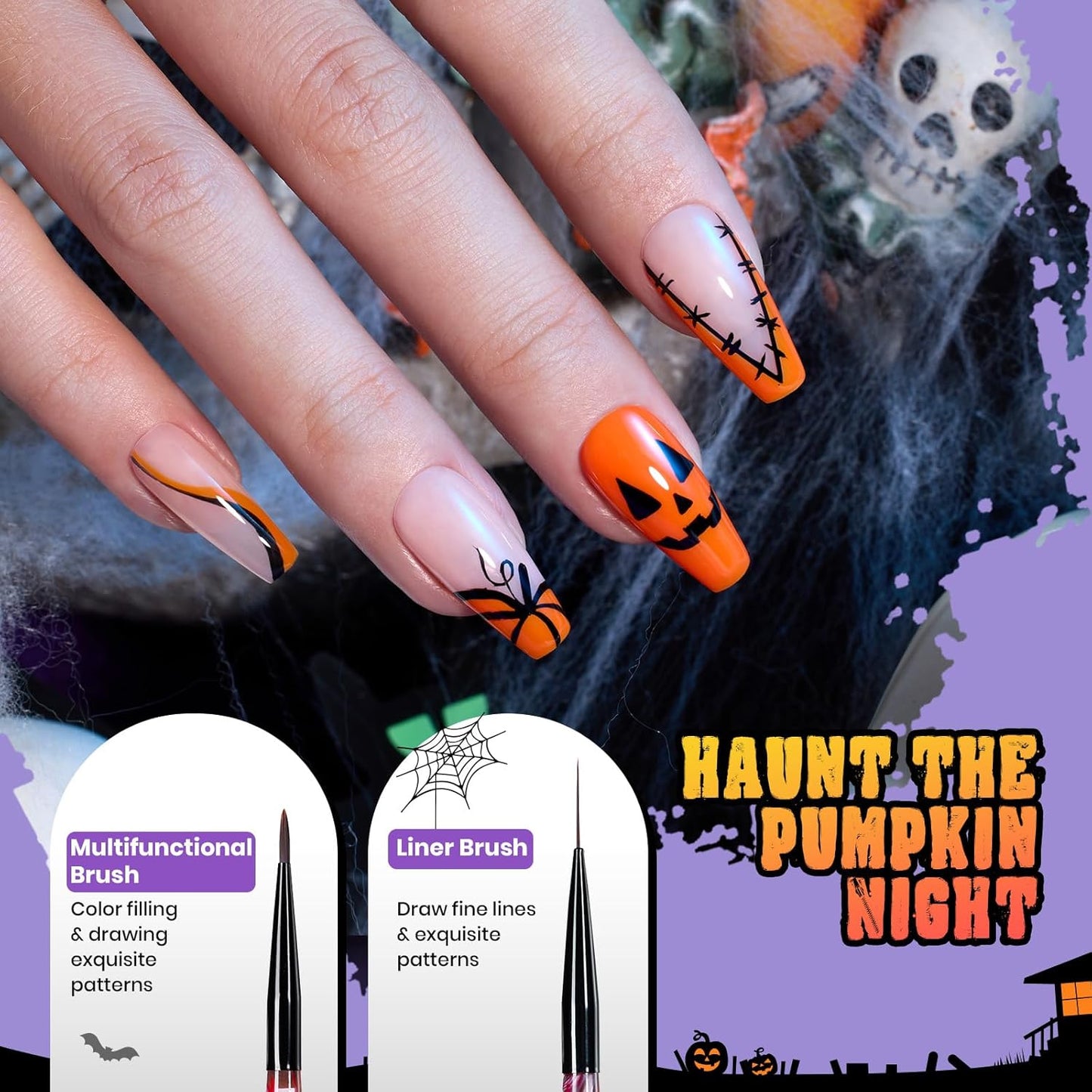 Beetles Halloween Nail Art Brushes, Blood Entwined Nail Art Pens 6pcs with Pumpkin Palette Holder Halloween Charms Manicure Design Dotting Tools Draw Liner Gradient French Brushes DIY Nails Supplies