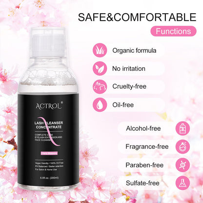 Eyelash Cleanser Concentrate 200ml Cherry Blossoms Professional Lash Shampoo Foaming Cleanser DIY Paraben & Sulfate Free Non-lrritating Wash for Extensions Lashes with Salon Home Care-Makes 20 Bottles