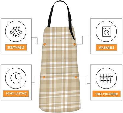 Britimes 2 Pack Aprons, Plaid Check Tartan Adjustable Bib Aprons with 2 Pockets for Women Men Couple Lovers Chef Home Kitchen Cooking Baking Gardening Champagne Khaki Brown Apron 32x28 Inches