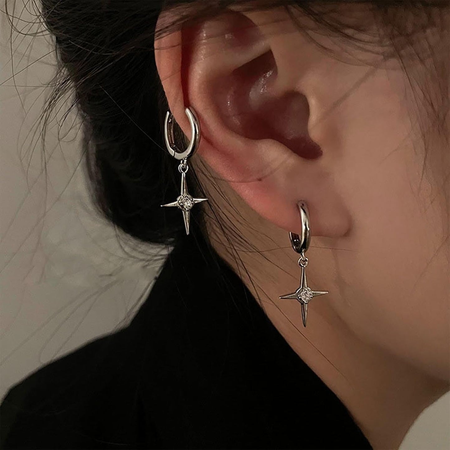 Punk Cross Star Dangle Drop Earrings Vintage Silver Hanging Rhinestone North Star Drop Earrings Minimalist Cross Star Dangle Huggie Small Hoop Earrings Jewelry for Women