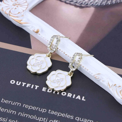 Vintage Black Crystal Flower Drop Earrings Black Flower Earrings Pearl Camellia Earrings Black Camellia Stud Earrings Jewelry for Women