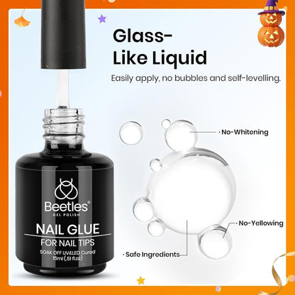 beetles Gel Polish 9 In 1 Gel Nail Glue for Clear Acrylic Nail Tips 2 Pcs 15ml Long Lasting Nail Gel Kit for False Nails Tips, Base Blooming Nail Gel, Fall Halloween Nails, U V Light Required