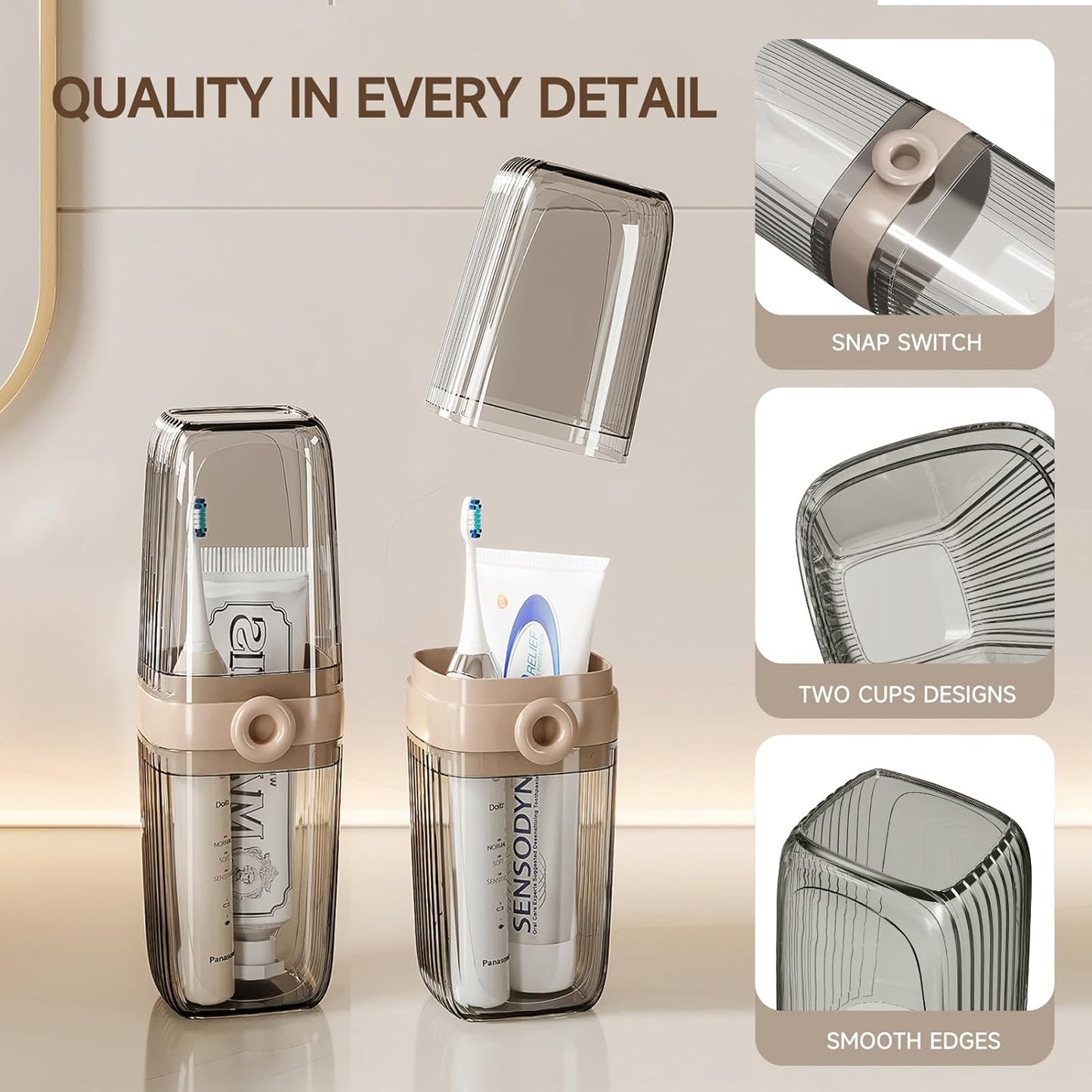 Toothbrush Travel Case, 2 in 1 Toothbrush Holder and Rinse Cup, Large Capacity Toothbrush Cup with Cover, Portable Travel Toothbrush Holder for Traveling, Camping, Trip - 1Pcs - Beige&Clear