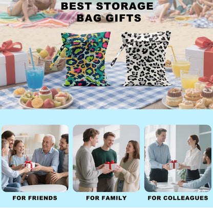 2Pcs Leopard Wet Bag 12x10 Inch, Colorful Leopard Print Waterproof Travel Laundry Bags, Washable Reusable Wet Dry Bag for Swimsuit Beach Diapers Dirty Yoga Gym Clothes, Travel Gifts for Women Friend