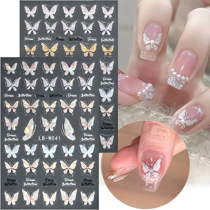 5D Embossed Spring Flower Nail Stickers, 4 Sheets Holographic Shiny Butterfly Nail Stickers, Cherry Blossom Nail Decals, Self-Adhesive Pegatinas para Uñas, Summer Floral Manicure Design