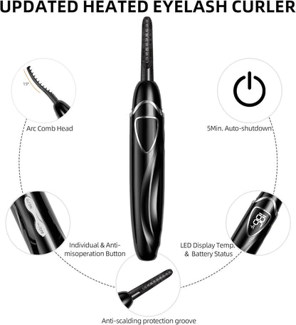 Heated Eyelash Curlers, Portable Heated Lash Curler,Heated Eyelash Curler Intelligent Power 0ff, Makeup Electric Eyelash Curler (Black/Silver, S600-148MM)