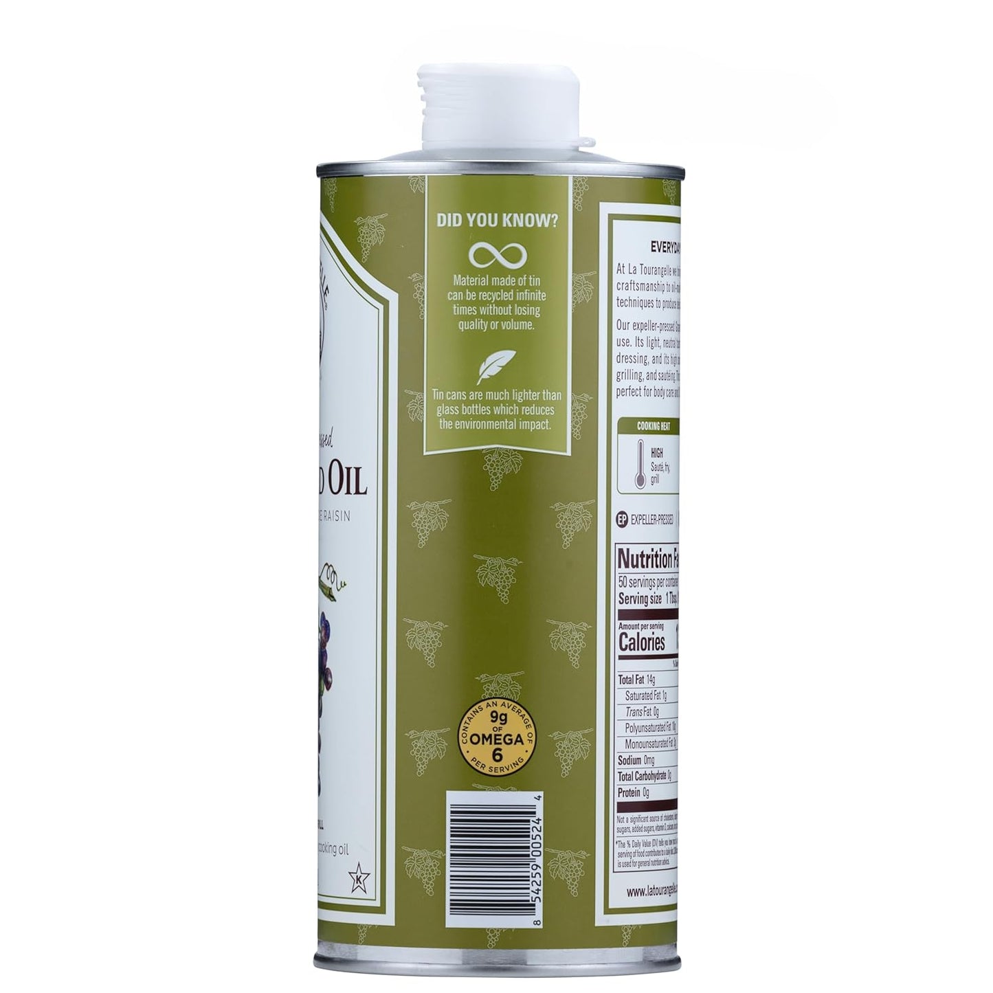 La Tourangelle, Expeller-Pressed Grapeseed Oil, High Heat Neutral Cooking Oil, Cast Iron Seasoning, Also Great for Skin, Hair, and DIY Beauty Recipes, 25.4 fl oz