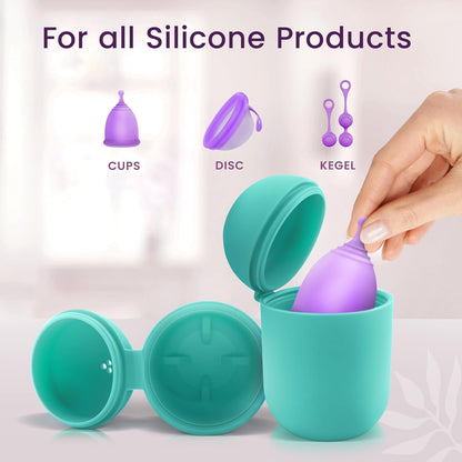 EcoBlossom Menstrual Cup Case and Sterilizer - Reusable Silicone Sterilizing Holder - Cleaner Period for You and Your Disc or Cup - Portable Cleaning Container & Microwave Steamer (Cyan)
