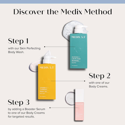 Medix 5.5 Exfoliating AHA Glycolic Acid Face & Body Wash Cleanser + Vitamin C Moisturizing Body Cream Lotion Skin Care 2PC Set | Alpha Hydroxy Acid & Lactic Acid Foaming Face Wash, 2-PC