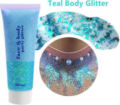 Go Ho Teal Body Glitter Gel,Mermaid Teal Face Glitter Makeup,Holographic Long Lasting Chunky Sequins Glitters for Lip Hair Nails,Festival Accessories,52g