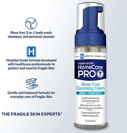 HomeCare PRO No Rinse Body Wash Cleansing Foam, Easier Cleansing for Caregivers Managing Incontinence, Pressure ulcers, bedsores + use with Adult Wipes, Disposable washcloth (5oz)