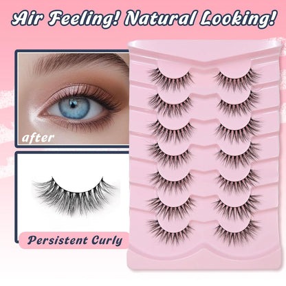 Natural Lashes Cateye False Eyelashes Wispy 12mm Cat Eyelashes Short Lash Pack for Small Eyes Eyelash with 0.1MM Thin Cotton Band 3D Volume Fake Eyelashes Siligli Soft Strip Lashes 7 Pairs