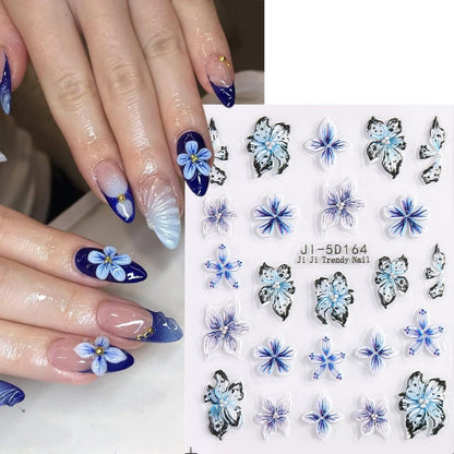 Blue Flowers Stickers for Nails 5D Embossed Flower Nail Stickers Lily Hibiscus Cherry Blossom Rose Floral Nail Decals Self Adhesive Nail Wraps Spring Summer Nails Pegatinas para Uñas 5 Sheet