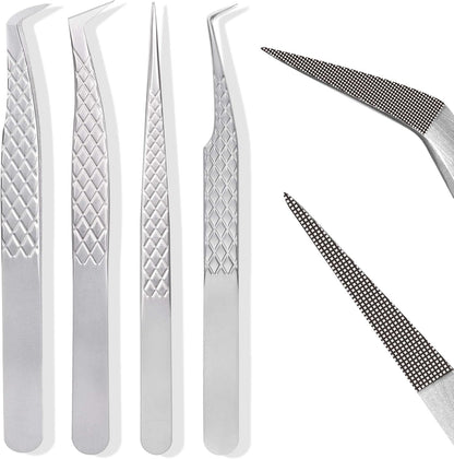 Fiber Tip Lash Tweezers For Eyelash Extension 4 Pcs Tweezers Professional Artist Tech Work Kit Tools,Best Volume Eyelash Lashes Extensions Precision Supplies Volume Boot 90 45 Degree(Silver)