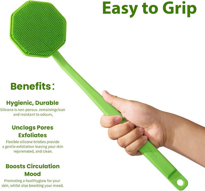 iTokGoK® Silver-Infused Silicone Back Scrubber with Long Handle Back Brush for Shower,Back Brush Long Handle for Men and Women,Ergonomic No-Slip Handle, Long-Lasting (Green)