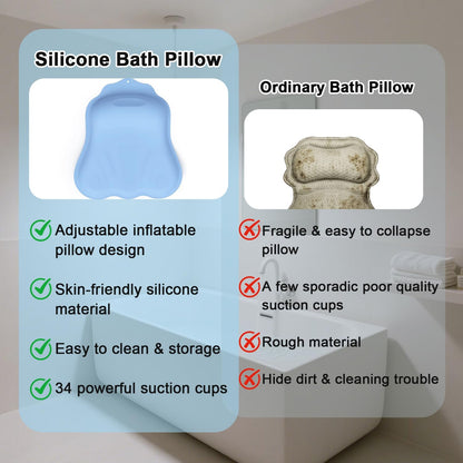 Silicone Bath Pillow for Tub – Ergonomic Bathtub Headrest with Inflatable Air Cushion, Non-Slip Suction Cups & Neck/Back Support – Comfortable Spa Bath Accessory for Relaxation (Blue)