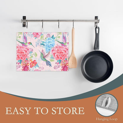 Humming Bird Dish Drying Mats 18x24 Inch,Tropical Flowers Dish Pad Drying Rack Mat for Kitchen Counter Ultra Absorbent Microfiber Dishware Coffee Maker Bar Countertop Decor