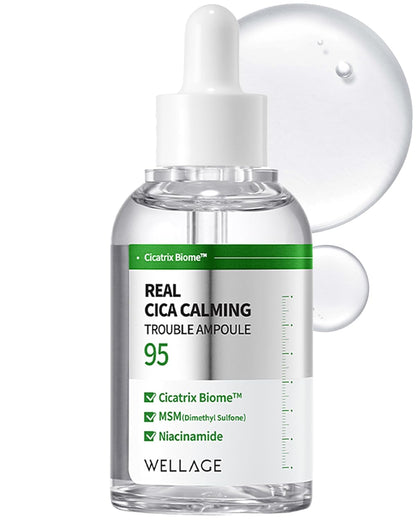 WELLAGE Real Cica Calming Trouble Ampoule - Korean Skincare Soothing Serum, Madecassoside Centella Asiatica Panthenol Niacinamide, Relief Redness, Sebum Control, Improves Blemishes, 1.69 fl.oz.