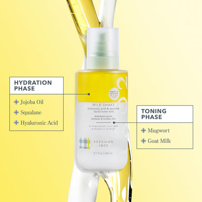 Beekman 1802 Milk Shake Hydrating Face Mist - Hyaluronic Acid & Squalane Facial Mist Minimizes Pores & Gently Moisturizes - Goat Milk Skin Toner Spray - Lightweight, Fragrance-Free Travel Toner