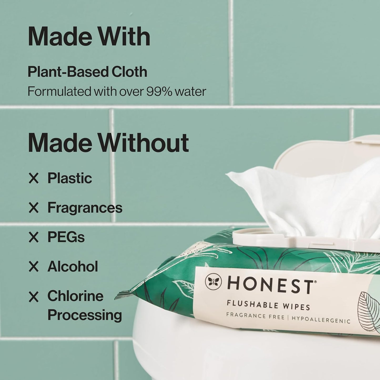 The Honest Company Flushable Wipes for Sensitive Skin | Fragrance Free, Hypoallergenic, 99% Water, Safe to Flush | pH Balanced Feminine Wipes | Tropical Leaves, 336 Count