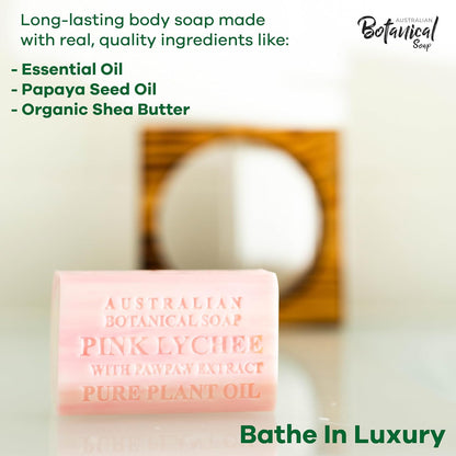 Australian Botanical Soap, 6.6 OZ, Pink Lychee and Pawpaw Extract, Triple Milled Bars made with a Natural Soap Base and Enriched with Organic Shea Butter, Pack of 8