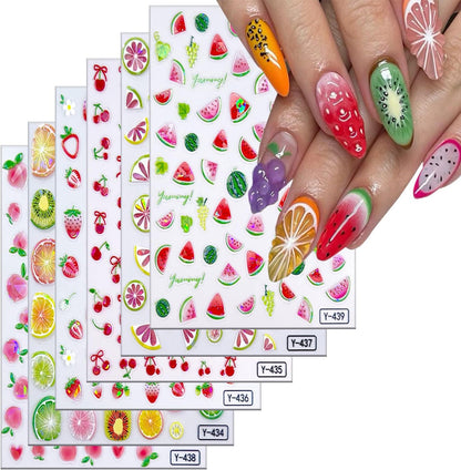 6Sheets Summer Fruit Nail Art Stickers 3D Self -Adhesive Cherry Strawberry Lemon Nail Decals Holographic Cute Peach Watermelon Nail Stickers Fruit Nail Decals Decoration for Women Manicure Supplies
