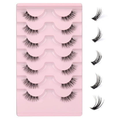 JIMIRE Half Lashes with Clear Band Cat-Eye Lashes Fluffy Wispy Accent False Eyelashes Natural Look Handmade Soft DIY Cluster Lashes Pack 7 Pairs