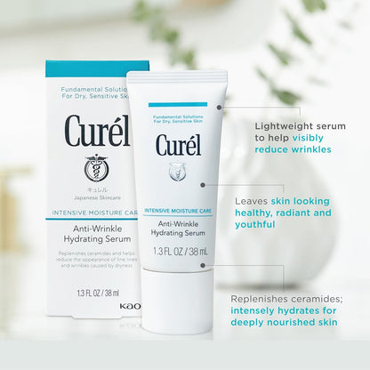 Curel Japanese Skin Care, Anti-Wrinkle Hydrating Serum, Lightweight Serum, Fragrance Free & Colorant Free, For Sensitive Skin, 1.3 Oz