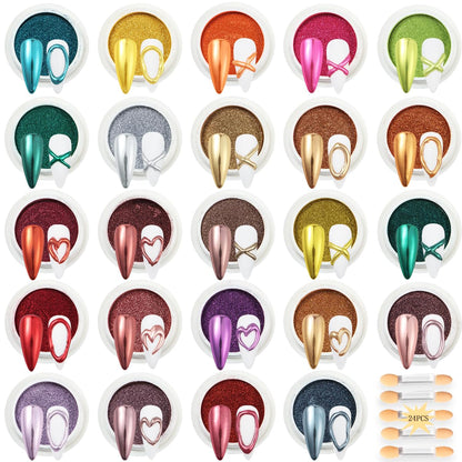 24Pcs Chrome Nail Powder Set - Metallic Mirror Effect Holographic Iridescent Aurora Mermaid Nail Powder Pigment Silver Red Green Gold Nail Chrome Powder for Nails Art Decoration(24 Eye Shadow Sticks)