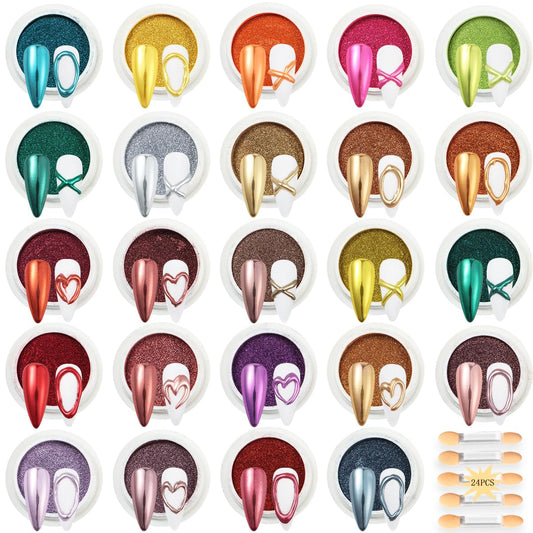 24Pcs Chrome Nail Powder Set - Metallic Mirror Effect Holographic Iridescent Aurora Mermaid Nail Powder Pigment Silver Red Green Gold Nail Chrome Powder for Nails Art Decoration(24 Eye Shadow Sticks)
