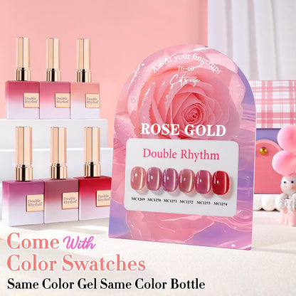 Double Rhythm Cat Eye Gel Nail Polish Set of 6 Same Color Same Bottle 0.5 Oz Shimmer Glitter with Magnet Holographic Reflective Magnetic UV Nail Polish Kit at Home (Golden Rose Pink-T6-60)