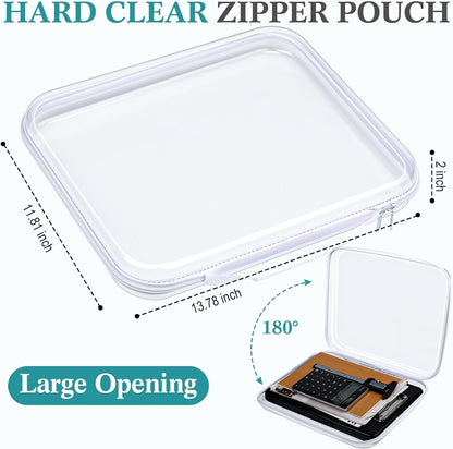 Sanwuta 4 Pcs Clear Hard Zipper Case with Handle Office Storage Cases Hard Plastic Pouches Transparent Bins for Toys, Snacks, Cosmetics, Building Blocks, Puzzles(13.8 x 11.8 x 2 Inches,White)