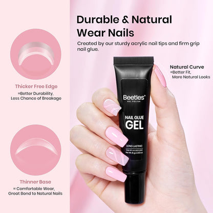 Beetles Gel Nail Kit Short Square with Nail Dehydrator and Primer, 576Pcs Half Matte Etch-X Gel Nail Tips Solid Nail Glue Mini Nail Lamp Acrylic Nail Tips Easy DIY Nail Extension Set Gift for Women