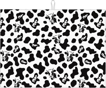 Black White Dish Drying Mat for Kitchen Counter 18"x24" Cow Print Dishes Pad Dish Drainer Rack Mats Microfiber Washable Absorbent Kitchen Decor